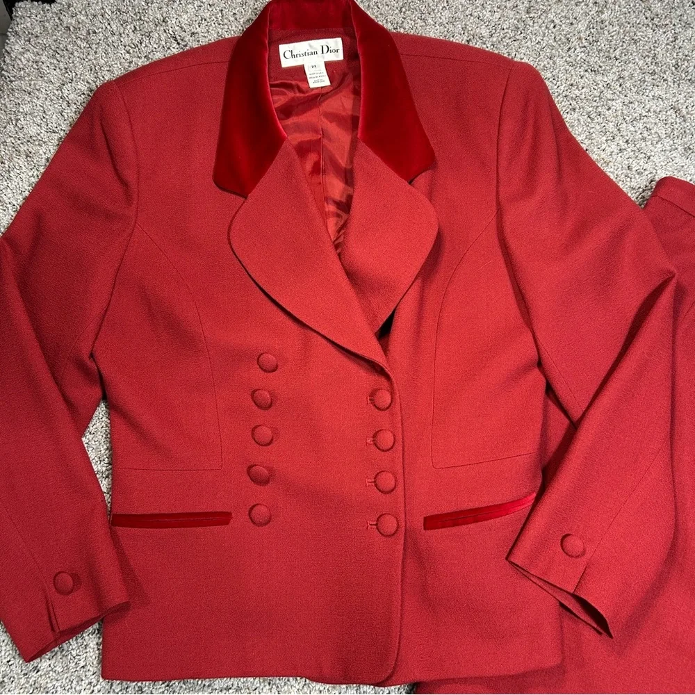 Vintage Christian Dior Double Breasted Red Wool Suit Jacket and Skirt Size 14